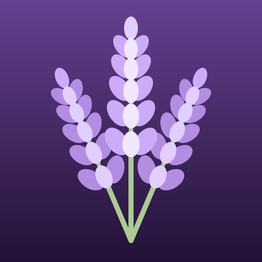 Lavender app icon: three lavender stems on a deep purple background